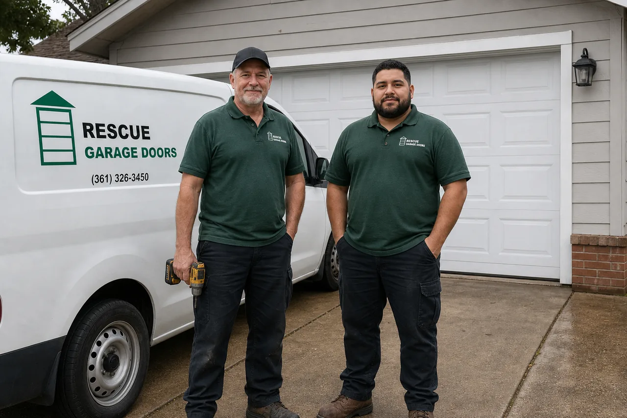 Rescue Garage Doors technicians and service van outside a home in Corpus Christi, TX